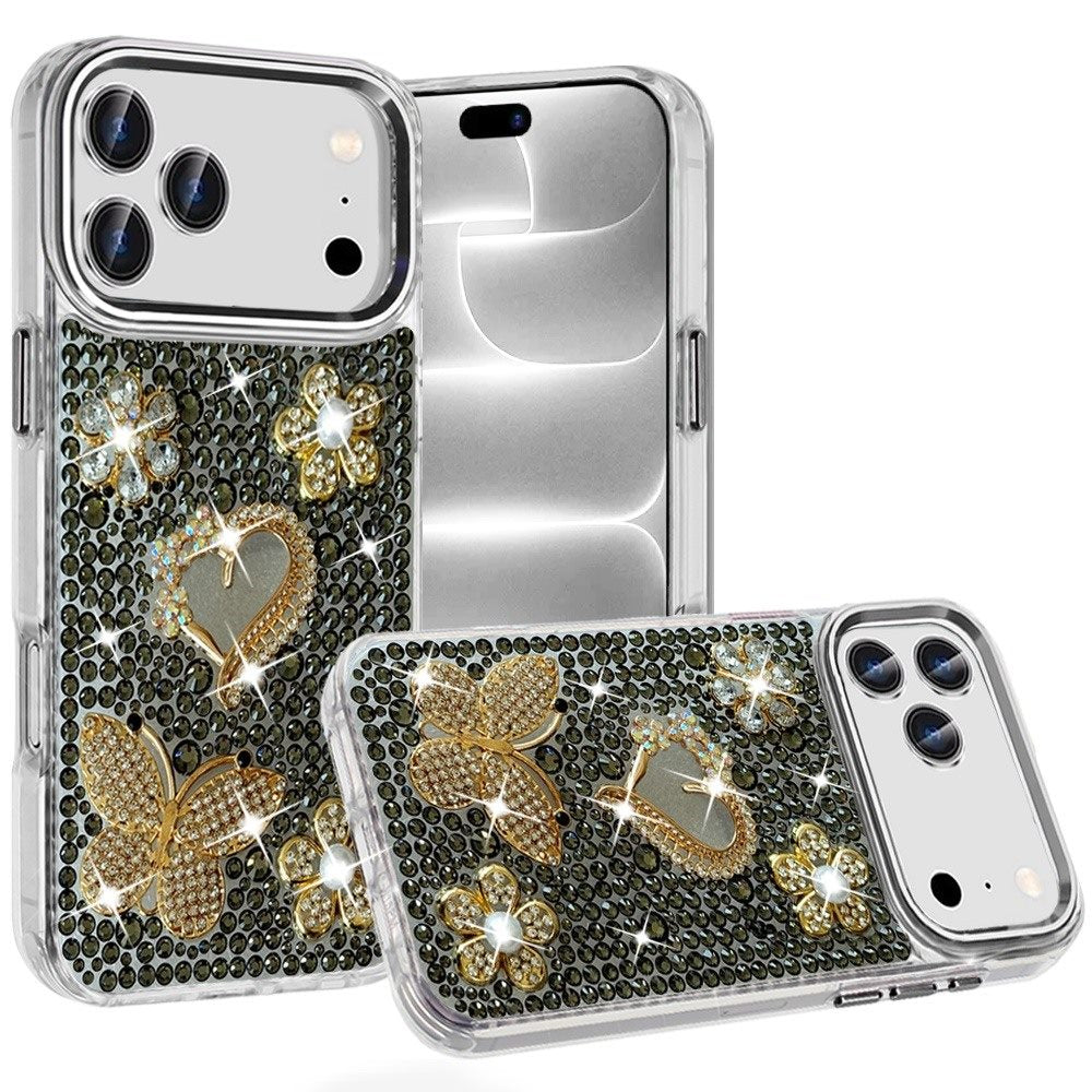 Phone Case for Apple iPhone 18 Pro Max/ iPhone 17 Pro Max Luxury Crystal Butterfly Floral Jeweled Heart Full Diamond Design, Sparkling Decorative Details, Elegant Style Cover