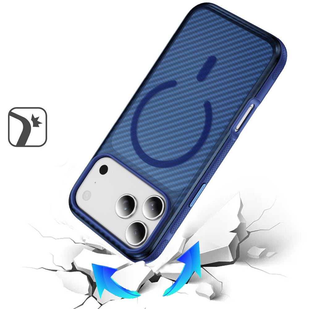 Phone Case for Apple iPhone 18 Pro Shockproof Magnetic Carbon Fiber Texture Metallic Button Rugged Grip Anti Fingerprint Heavy Duty Hybrid Armor Cover Blue