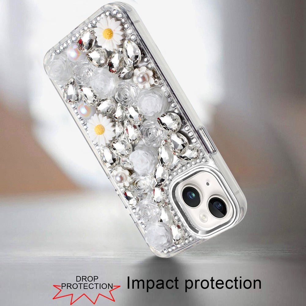 Phone Case for Apple iPhone 14 Full Bling Rhinestone Glitter Floral Luxury Hybrid Shockproof Stylish Sparkling Protective Designer Ornament Cover White