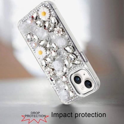 Phone Case for Apple iPhone 14 Full Bling Rhinestone Glitter Floral Luxury Hybrid Shockproof Stylish Sparkling Protective Designer Ornament Cover White