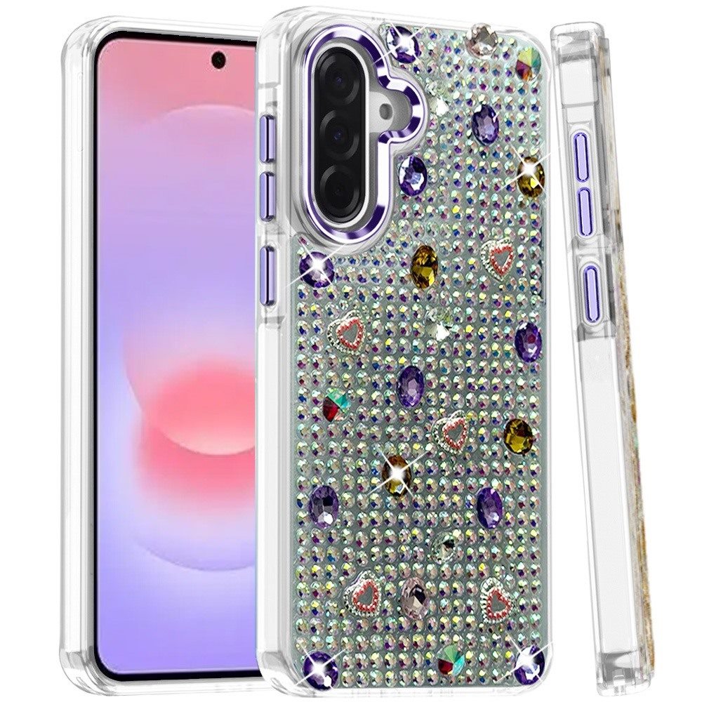 Phone Case for Samsung Galaxy A37 Chrome Fashion Hybrid Bling Diamond Heart Rhinestone Decorative Stones Sparkling Embellished Design Cover