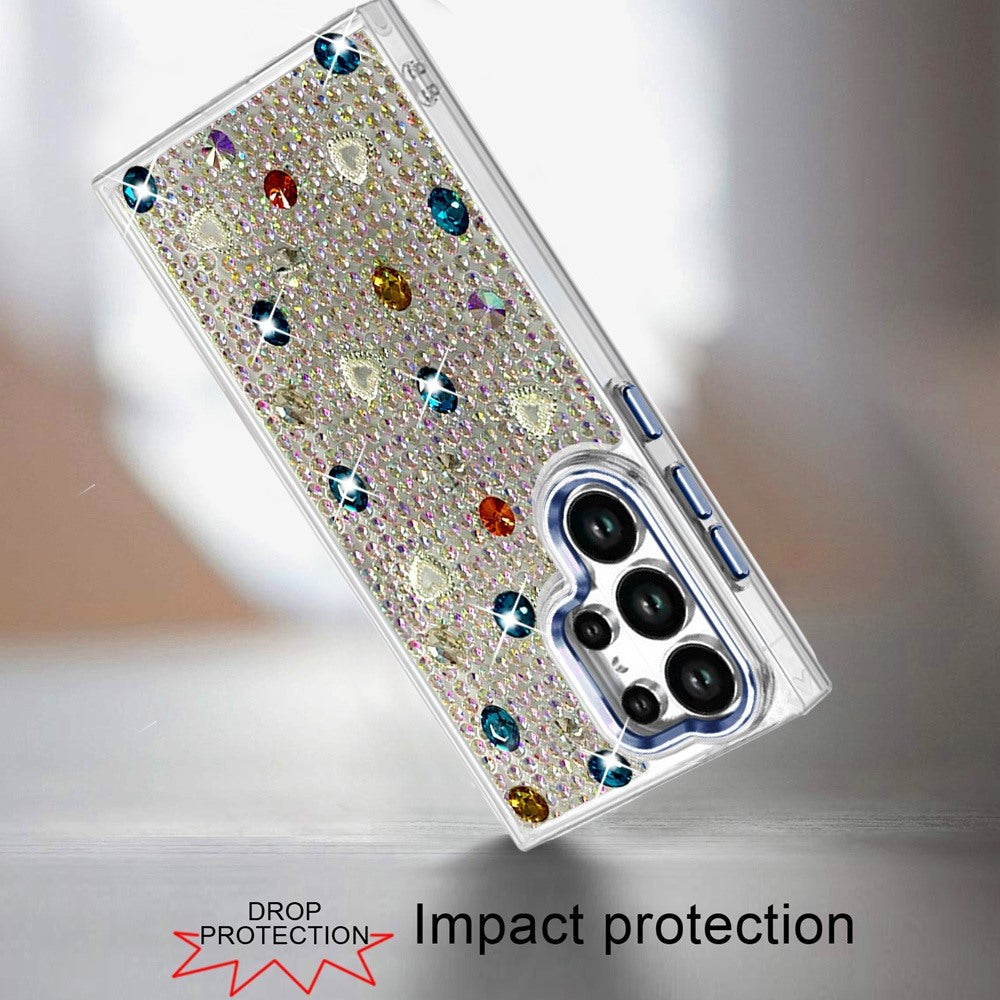 Phone Case for Samsung Galaxy S24 Ultra Chrome Fashion Hybrid Bling Diamond Heart Rhinestone Decorative Stones Sparkling Embellished Design Cover