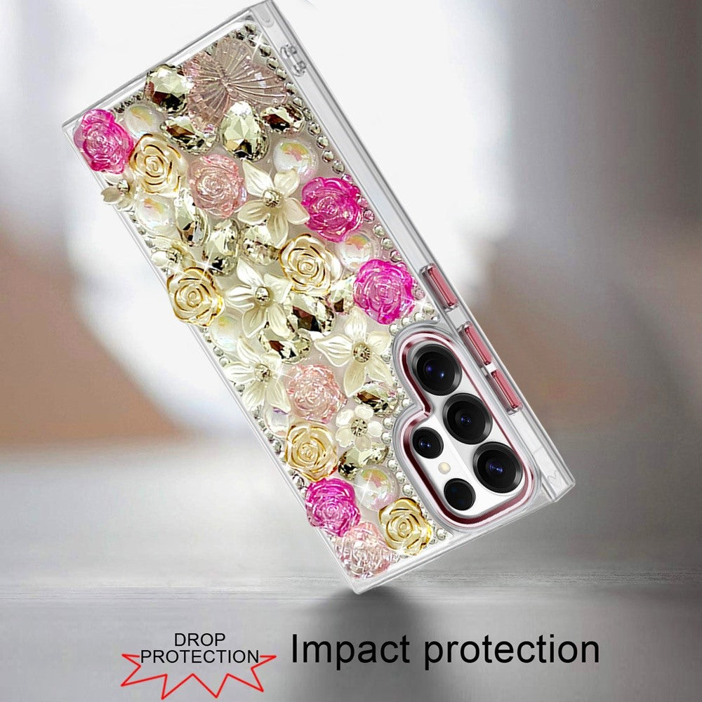 Phone Case for Samsung Galaxy S23 Ultra Luxury Rose Bling Rhinestone Glitter Floral Hybrid Shockproof Stylish Protective Designer Ornament Sparkle Cover Pink