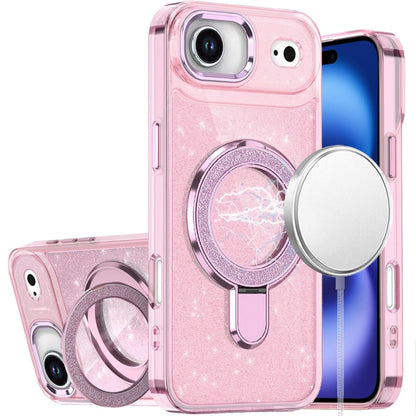 For Apple iPhone 17 Air (6.6") Transparent Glitter Bling Case with Rotating Magnetic Ring Stand, Shockproof Hybrid Case Cover Clear