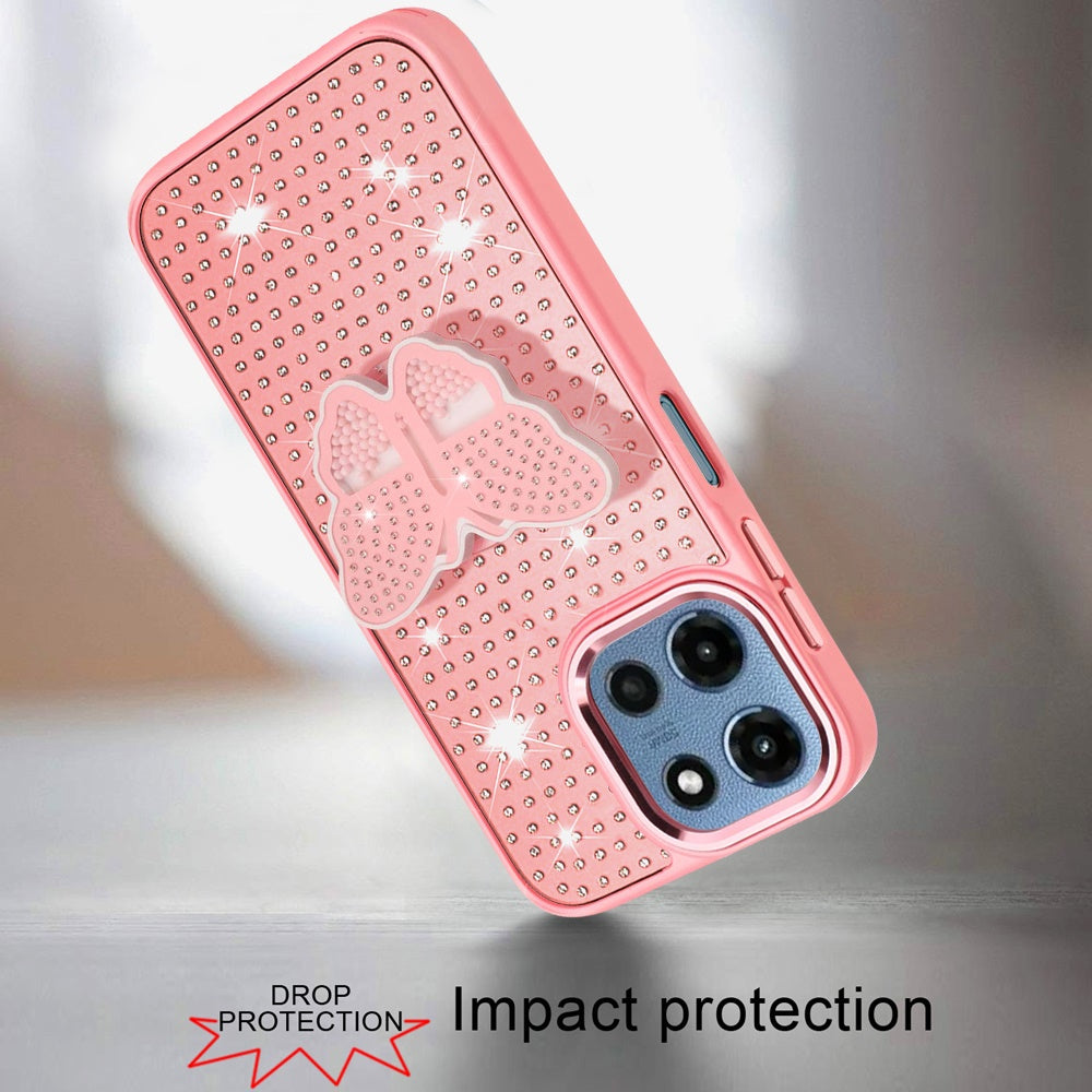 For Motorola Moto G 5G 2026/2025 Butterfly Moveable Grip 3D Pop Stand Full Diamond Bling Sparkling TPU Fashion Hybrid Case Cover Pink