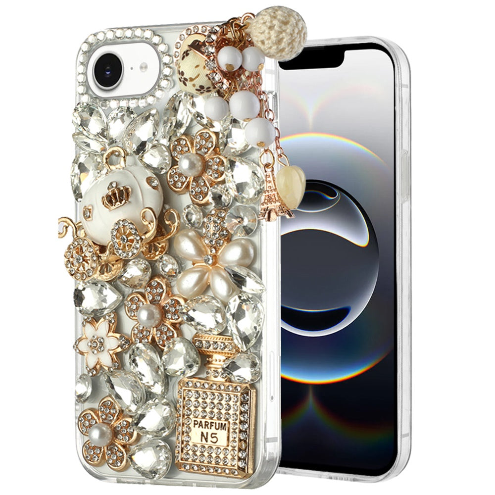 For Apple iPhone 17E /16E Bling Crystal 3D Full Diamonds Luxury Sparkle Rhinestone Hybrid Case Cover Ultimate Multi Ornament White