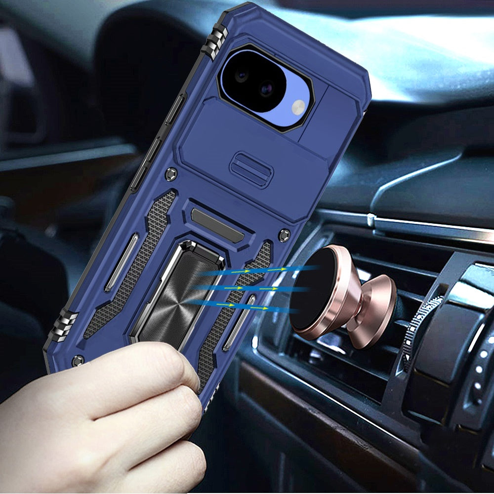 Phone Case for Google Pixel 10a Tough Metal Ring Shockproof Sliding Camera Window Hybrid Armor Rugged Anti Slip Heavy Duty Grip Cover Blue