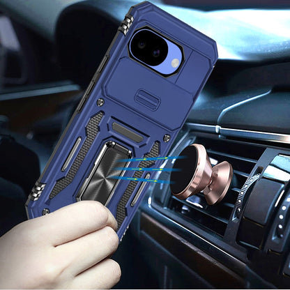 Phone Case for Google Pixel 10a Tough Metal Ring Shockproof Sliding Camera Window Hybrid Armor Rugged Anti Slip Heavy Duty Grip Cover Blue