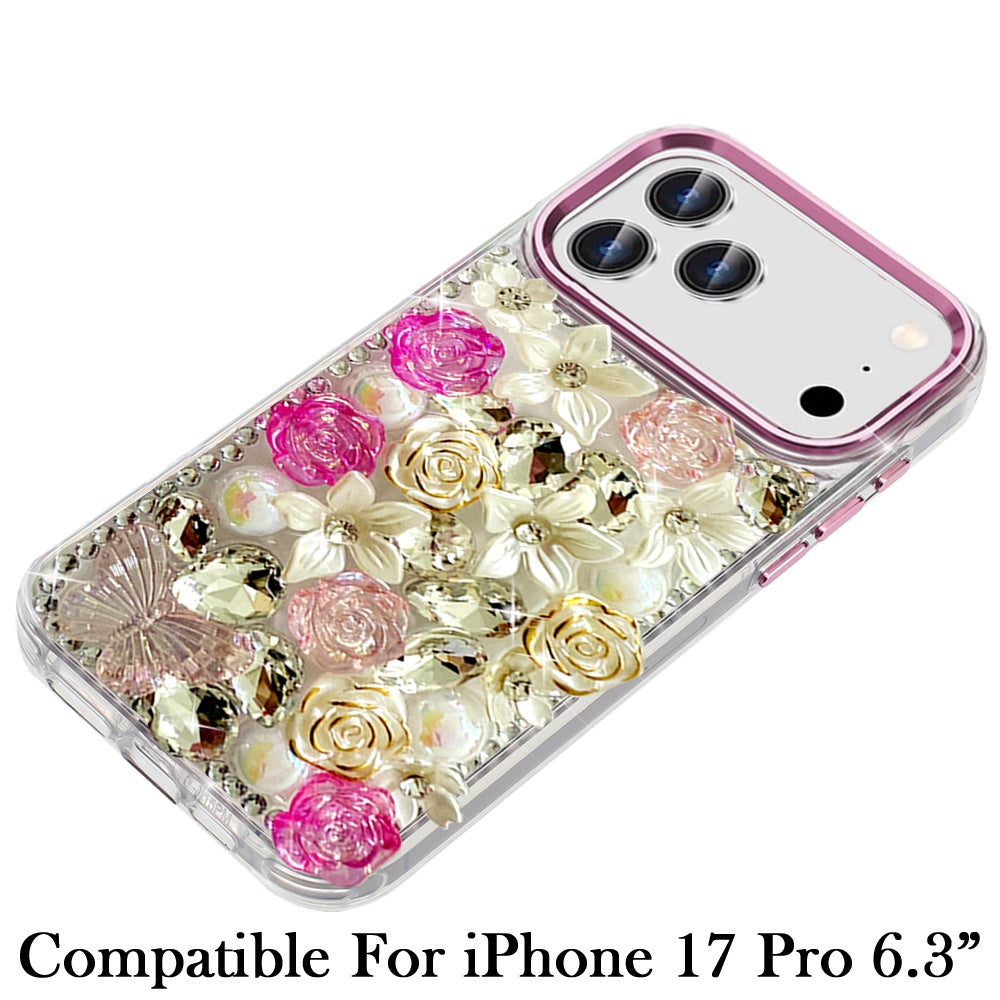 Phone Case for Apple iPhone 18 Pro Luxury Rose Bling Rhinestone Glitter Floral Hybrid Shockproof Stylish Protective Designer Ornament Sparkle Cover Pink