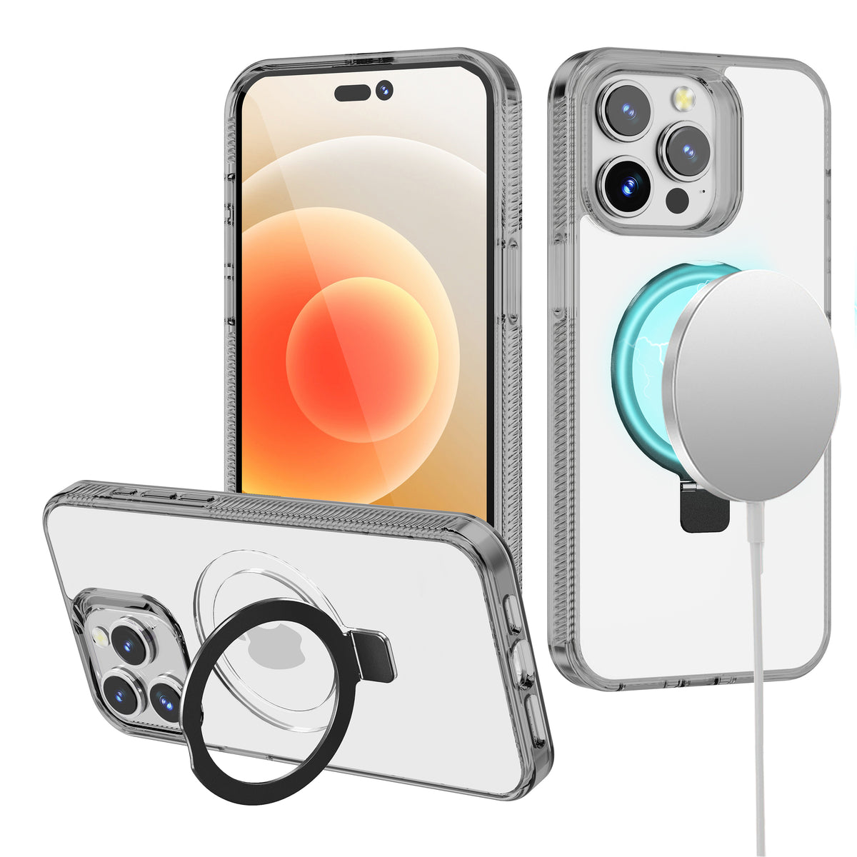 For Samsung Galaxy S22+ Plus 5G Transparent Magnetic Ring Circle Stand with MagSafe Compatible Hybrid Dotted Edged Hard PC Shockproof Case Cover Black