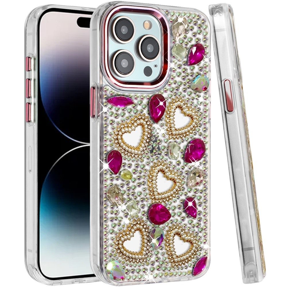 Phone Case for Apple iPhone 14 Pro Max Luxury Crystal Heart Rhinestone Diamond Bling Shockproof Hybrid Glitter Protective Stylish Durable Grip Cover