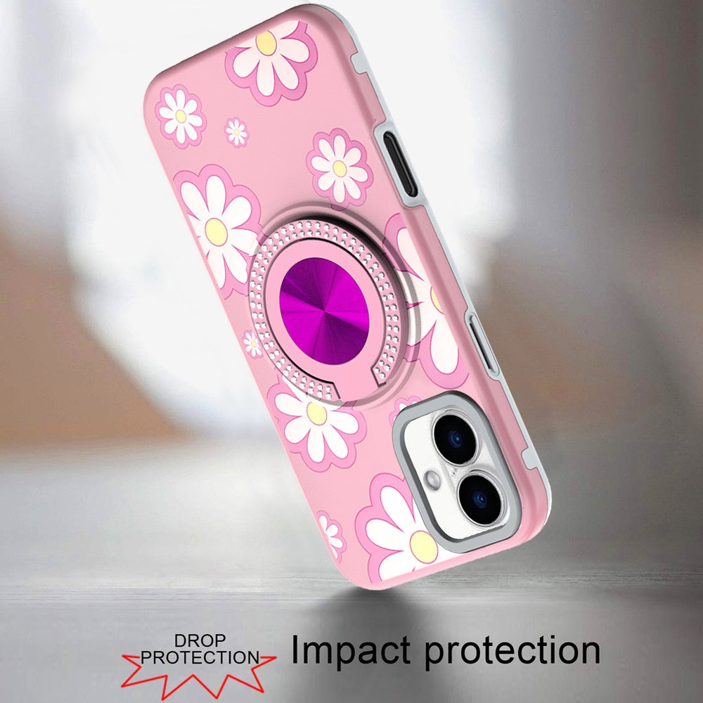 For iPhone 16 (6.1") Pattern Design Hybrid with Invisible Ring Stand & Magnetic Back, Shockproof Protective Grip Case Cover
