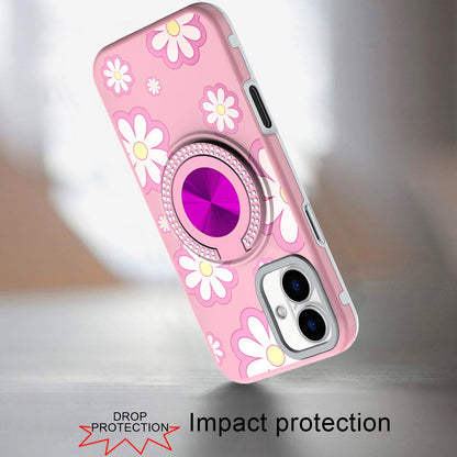 For iPhone 16 (6.1") Pattern Design Hybrid with Invisible Ring Stand & Magnetic Back, Shockproof Protective Grip Case Cover