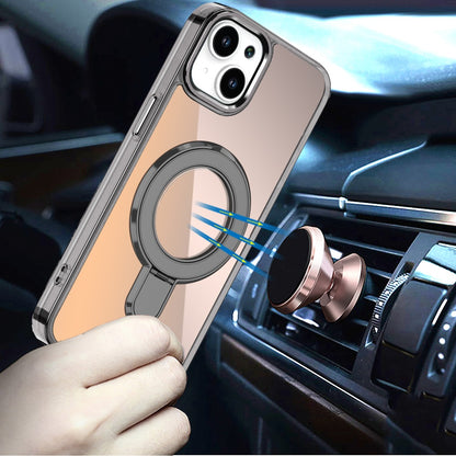 For iPhone 15 Plus (6.7") Chrome Hybrid with Rotating Magnetic Circle Ring Stand, Slim Shockproof Hybrid Case Cover Cosmic Orange