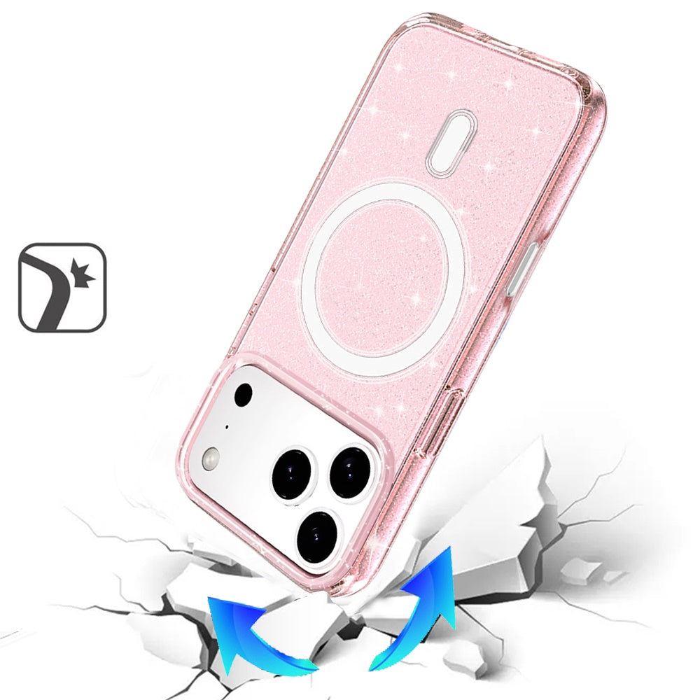 For Apple iPhone 17 Pro MagSafe Compatible Glitter Sparkle Bling Hybrid Case with Magnetic Circle, Slim TPU & Hard PC Frame Case Cover Pink