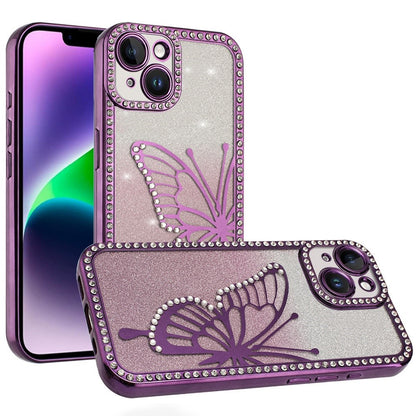 For Apple iPhone 14 /13 Butterfly Glitter Diamond Shimmer Hybrid Slim & Stylish Electroplated Sparkly Bling Shockproof TPU Protective Case Cover