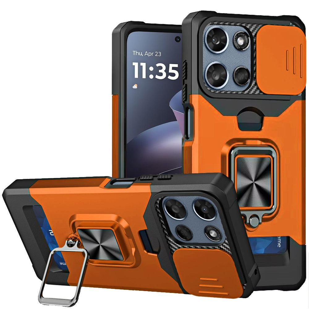 For Motorola Moto G Play 5G 2026 Wallet Case with Ring Stand & Slide Camera Cover Back Credit Card Slot Holder, Military Grade Case Cover Cosmic Orange