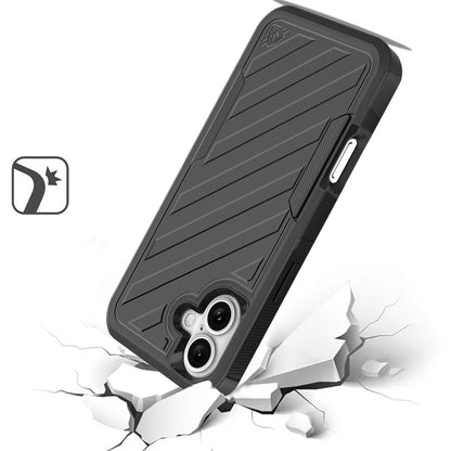 For Apple iPhone 16 Plus (6.7") Premium Design Hybrid lined with Belt Clip Holster Shockproof Rugged Textured 2in1 Non Slip Tough Case Cover Black