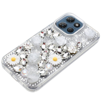 For Motorola Moto G 5G 2026/2025 Fashion Daisy Floral Series, Full 3D Bling Crystal Diamonds Sparkling Rhinestone Glitter Hybrid Design Case Cover White