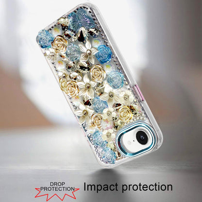 For Apple iPhone 17E /16E 3D Diamond Floral Roses Flower Bling Stone Hybrid, Sparkly Rhinestone Gemstone Back Shockproof Case Cover
