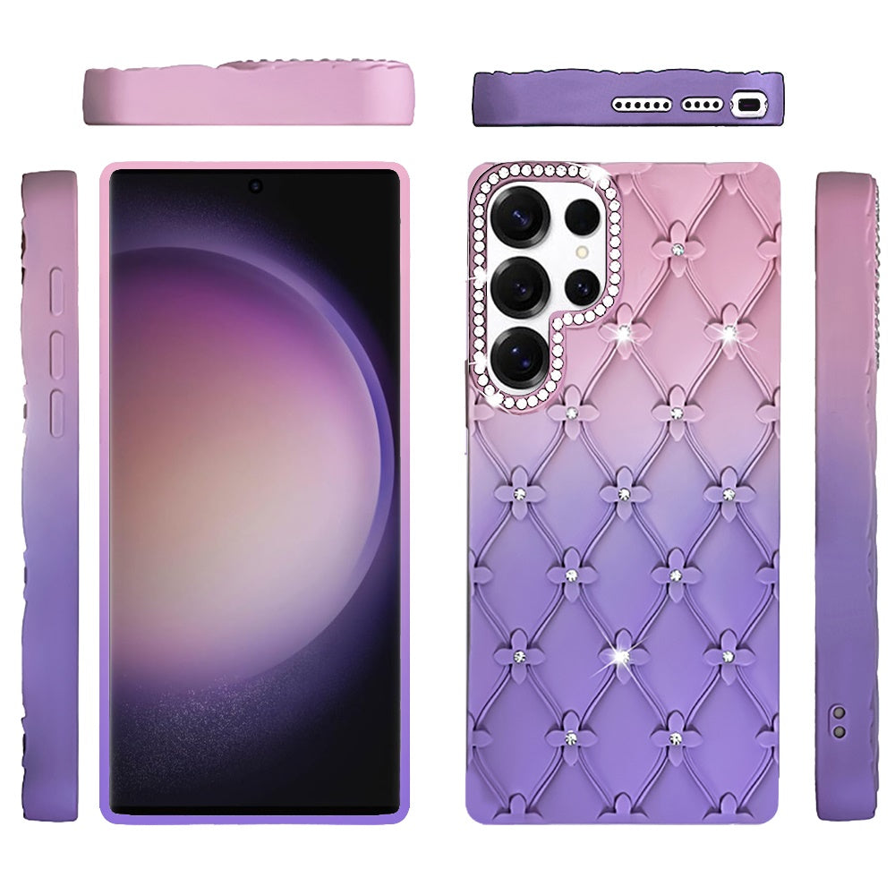 For Samsung Galaxy S23 Ultra Fashion Flower Design Sparkle Glitter Shimmer Rhinestone Bling Floral Accents, Leather Texture TPU Case Cover