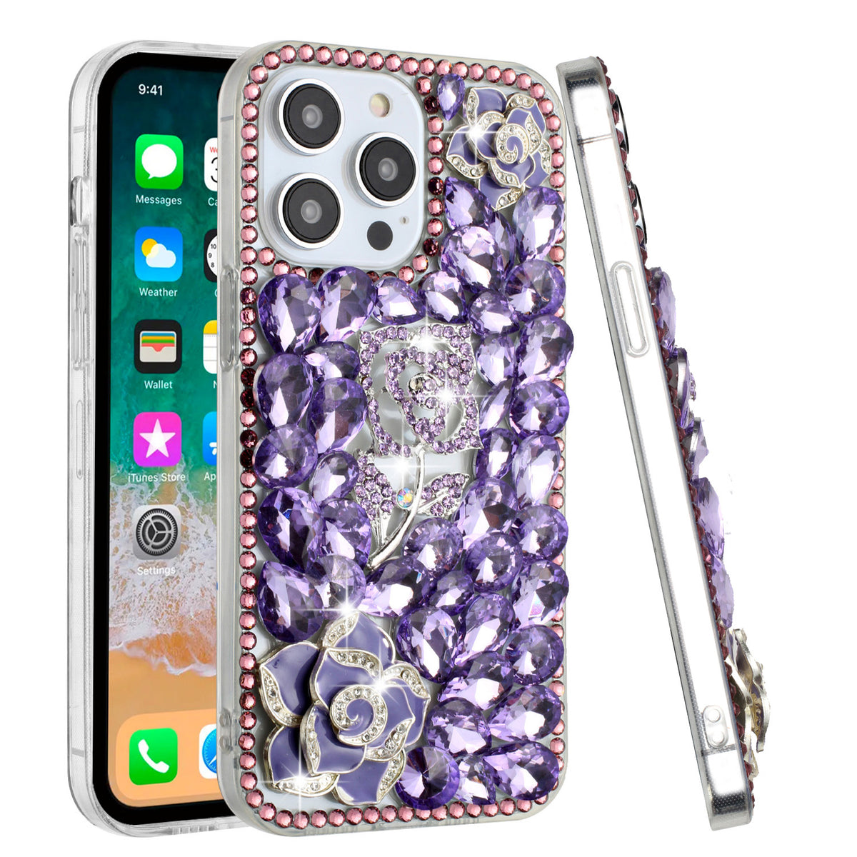 Phone Case for iPhone 15 3D Floral Diamond Bling Glitter Luxury Sparkle Hybrid Stylish Rhinestone Shockproof Protective Designer Cover Purple