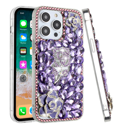 Phone Case for iPhone 15 3D Floral Diamond Bling Glitter Luxury Sparkle Hybrid Stylish Rhinestone Shockproof Protective Designer Cover Purple