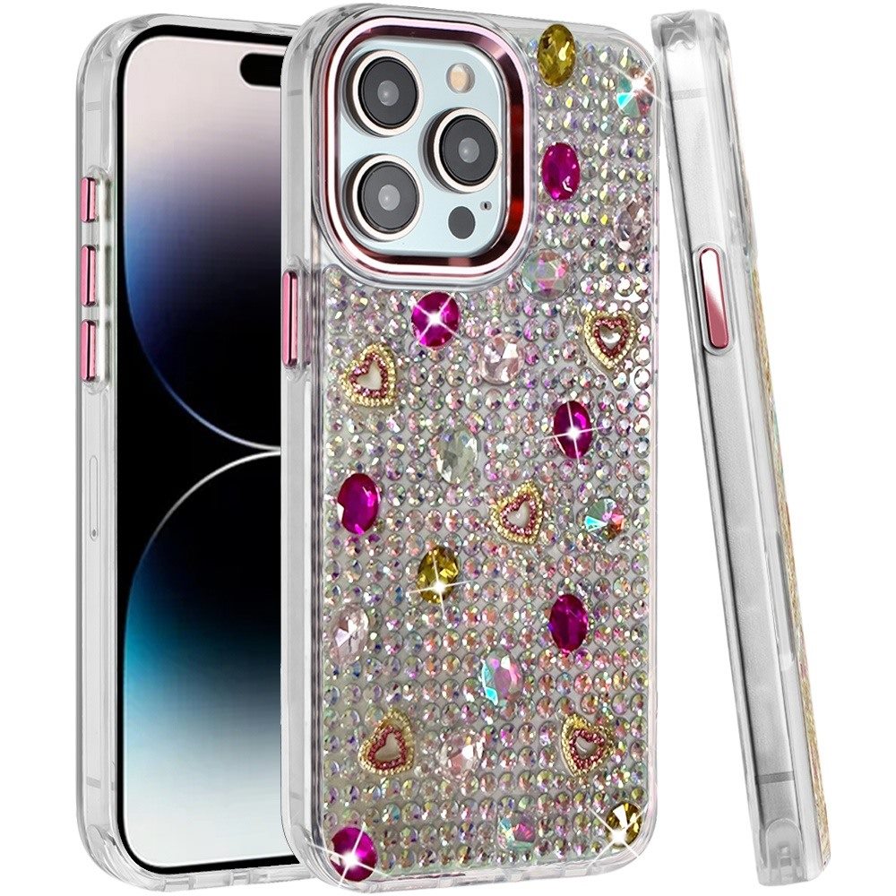 Phone Case for Apple iPhone 14 Pro Max Chrome Fashion Hybrid Bling Diamond Heart Rhinestone Decorative Stones Sparkling Embellished Design Cover