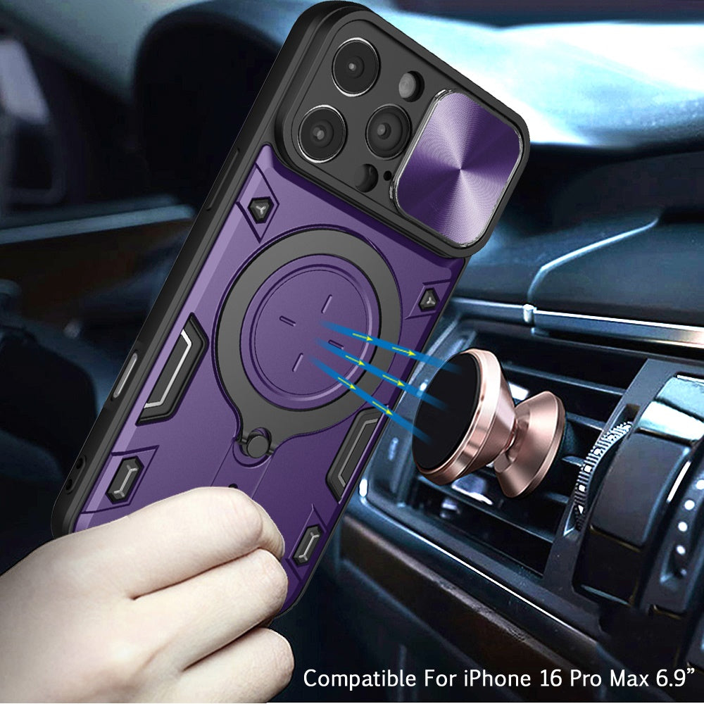 Phone Case for Apple iPhone 16 Pro Max Magnetic Ring Stand Shockproof Hybrid Full Camera Slide Guard Anti Slip Heavy Duty Protective Armor Cover Purple