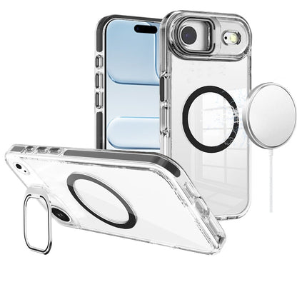 For Apple iPhone 17 Air (6.6") Built-in Camera Kick-Stand, Compatible with MagSafe, Transparent Colorful Edged Tough Hybrid TPU Case Cover Black
