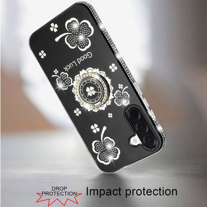 For Samsung Galaxy A17 5G Diamonds Bling All Around Edges Sparkly Glitter Hybrid with Ring Stand Holder Fashion Good Luck Case Cover Cosmic Orange