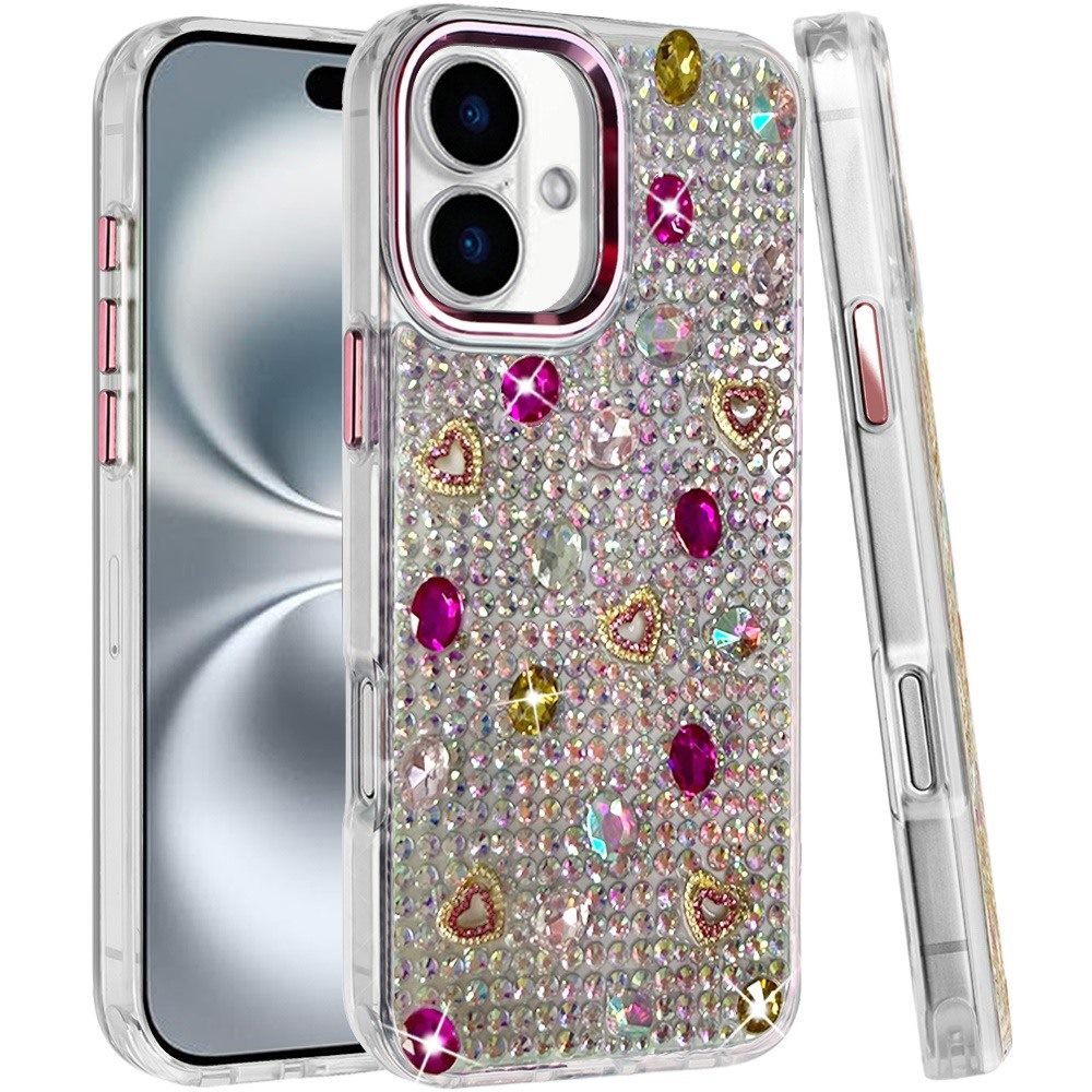 Phone Case for Apple iPhone 16 Chrome Fashion Hybrid Bling Diamond Heart Rhinestone Decorative Stones Sparkling Embellished Design Cover Pink