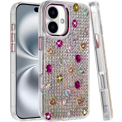 Phone Case for Apple iPhone 16 Chrome Fashion Hybrid Bling Diamond Heart Rhinestone Decorative Stones Sparkling Embellished Design Cover Pink