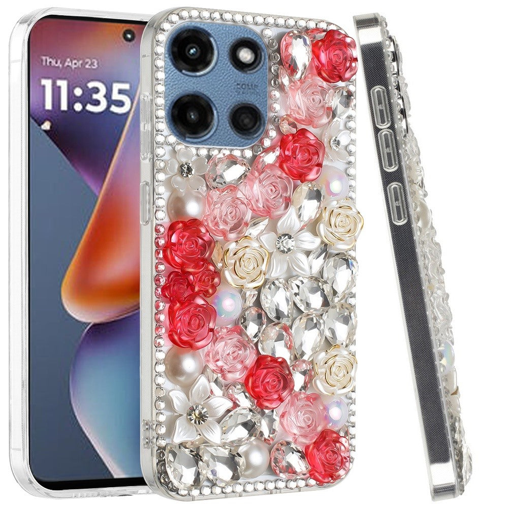 Phone Case for Motorola Moto G 5G 2026/ 2025 Rose Flower Full Diamond Bling Rhinestone Glitter Luxury Stylish Sparkle Protective Designer Hybrid Cover