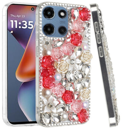 Phone Case for Motorola Moto G 5G 2026/ 2025 Rose Flower Full Diamond Bling Rhinestone Glitter Luxury Stylish Sparkle Protective Designer Hybrid Cover