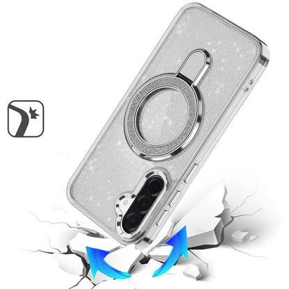 Phone Case for Samsung Galaxy A57 Transparent Glitter Bling Magnetic Ring Stand Shockproof Anti Slip Rotating Grip Protective Hybrid Durable Armor Cover