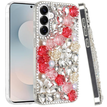 For Samsung Galaxy S26 Fashion Rose Flower Floral, 3D Bling Crystal Full Diamonds Pearl Sparkle Rhinestone Glitter Hybrid Case Cover