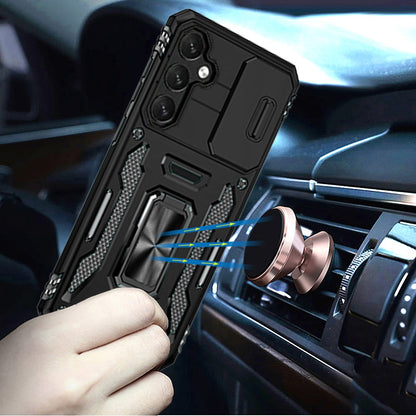 Phone Case for Samsung Galaxy S26 Tough Metal Ring Shockproof Sliding Camera Window Hybrid Armor Rugged Anti Slip Heavy Duty Grip Cover Black