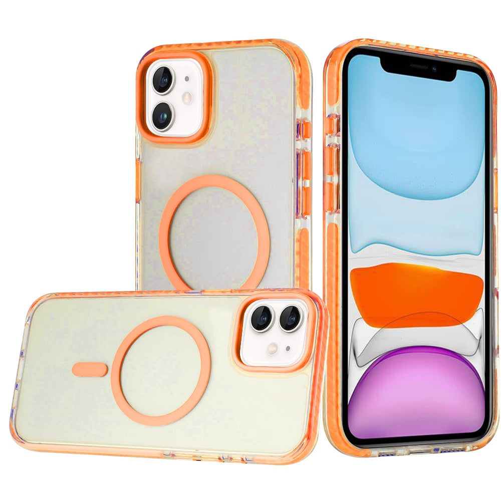 For Apple iPhone 11 Transparent Hybrid with Color-Matched Magnetic Circle, Rubber TPU Frame Hard PC Shockproof Case Cover Cosmic Orange