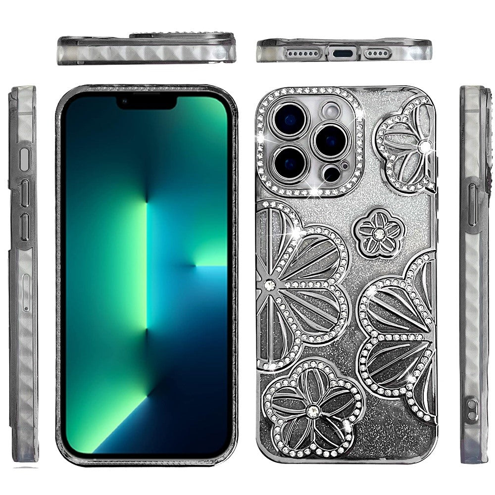 For Apple iPhone 13 Pro Luxury Flower Design Sparkle Glitter Diamond Rhinestone Shimmer Bling Plating Thick TPU Hard PC Case Cover