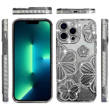 For Apple iPhone 13 Pro Luxury Flower Design Sparkle Glitter Diamond Rhinestone Shimmer Bling Plating Thick TPU Hard PC Case Cover