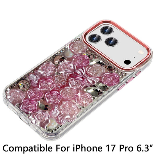 Phone Case for Apple iPhone 17 Pro 3D Flower Bling Rhinestone Glitter Cute Stylish Shockproof Protective Decorative Luxury Grip Stones Ornaments Cover Pink