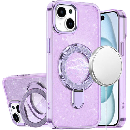 Phone Case for Apple iPhone 15 Transparent Glitter Bling Magnetic Ring Stand Shockproof Anti Slip Rotating Grip Protective Hybrid Durable Armor Cover Purple