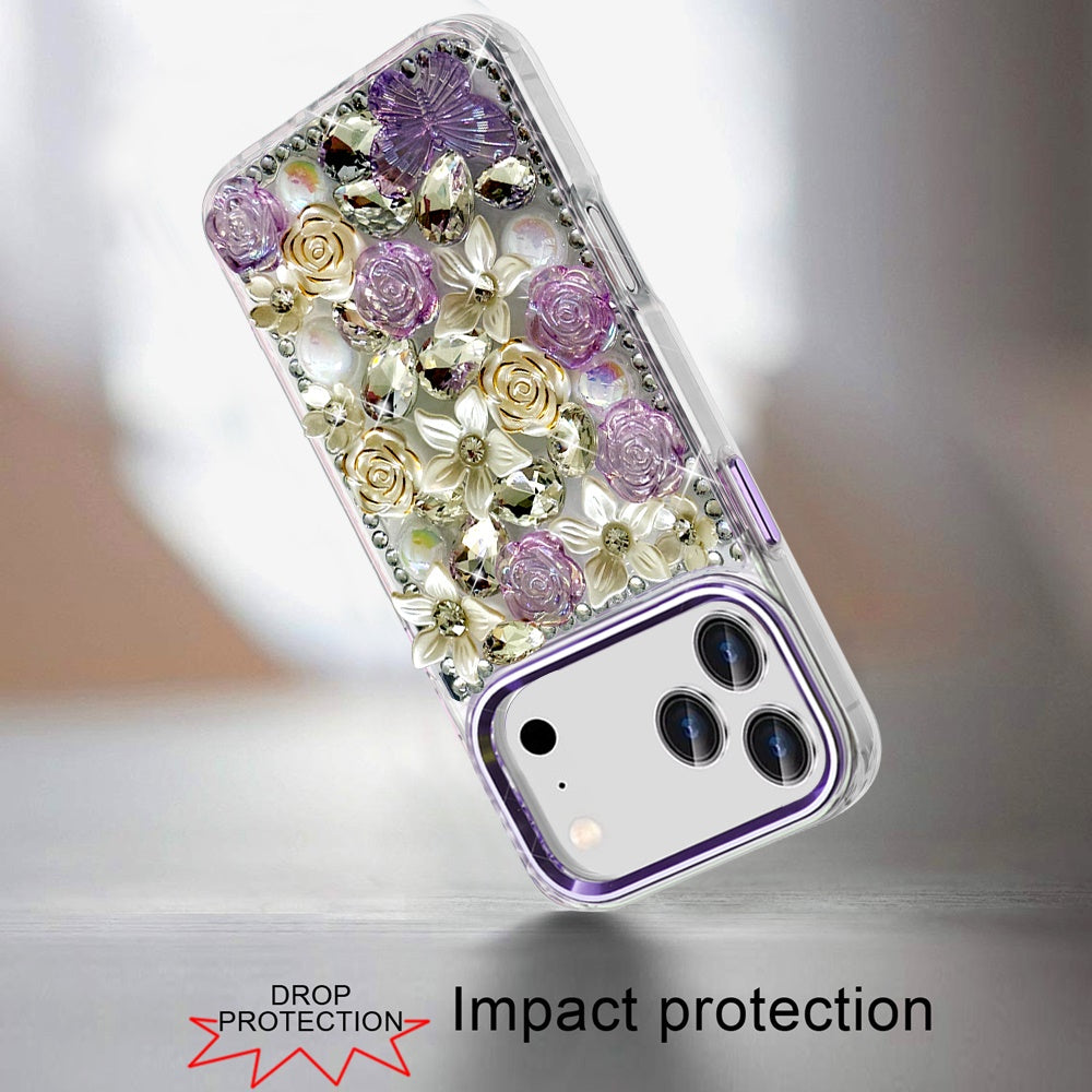 Phone Case for Apple iPhone 18 Pro Luxury Rose Bling Rhinestone Glitter Floral Hybrid Shockproof Stylish Protective Designer Ornament Sparkle Cover Purple