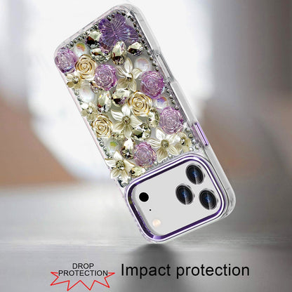 Phone Case for Apple iPhone 18 Pro Luxury Rose Bling Rhinestone Glitter Floral Hybrid Shockproof Stylish Protective Designer Ornament Sparkle Cover Purple