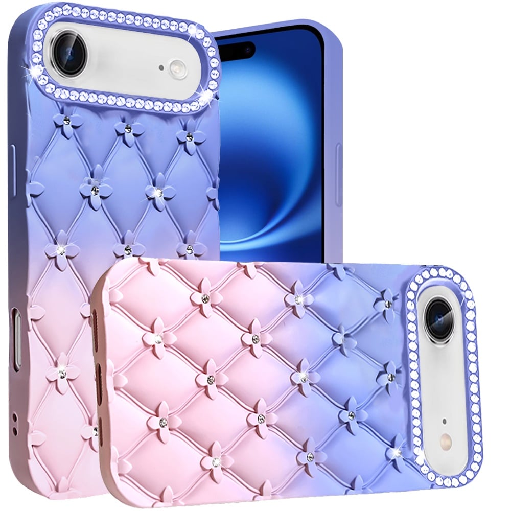 For Apple iPhone 17 Air (6.6") Fashion Flower Design Sparkle Glitter Shimmer Rhinestone Bling Floral Accents, Leather Texture TPU Case Cover