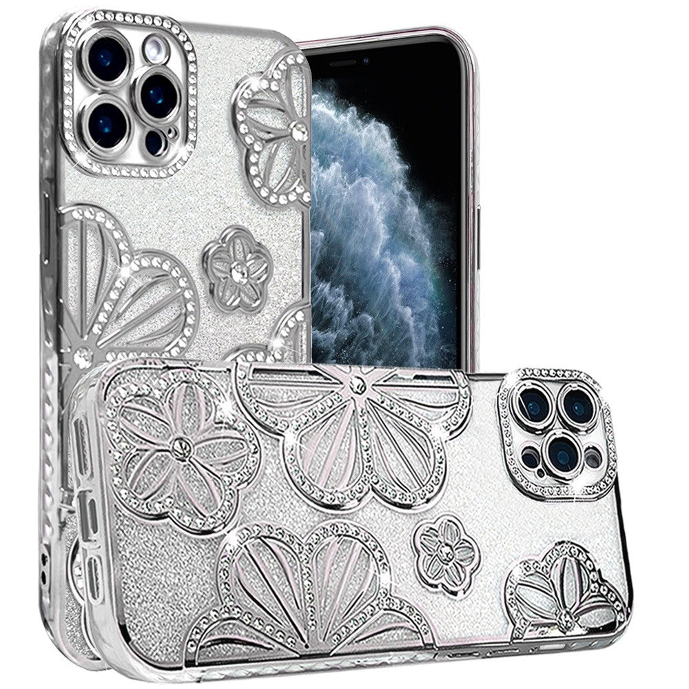 For Apple iPhone 11 Pro Max Luxury Flower Design Sparkle Glitter Diamond Rhinestone Shimmer Bling Plating Thick TPU Hard PC Case Cover