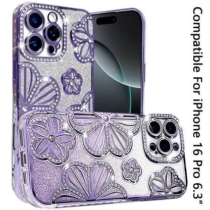 For Apple iPhone 16 Pro Luxury Flower Design Sparkle Glitter Diamond Rhinestone Shimmer Bling Plating Thick TPU Hard PC Case Cover