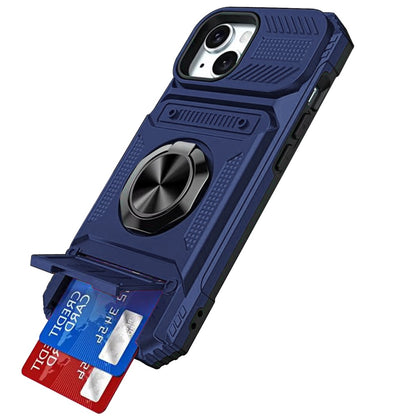 Phone Case for Apple iPhone 15 Multi Functional Card Slot Shockproof Metal Ring Hybrid Wallet Rugged Protective Grip Heavy Duty Durable Cover Blue