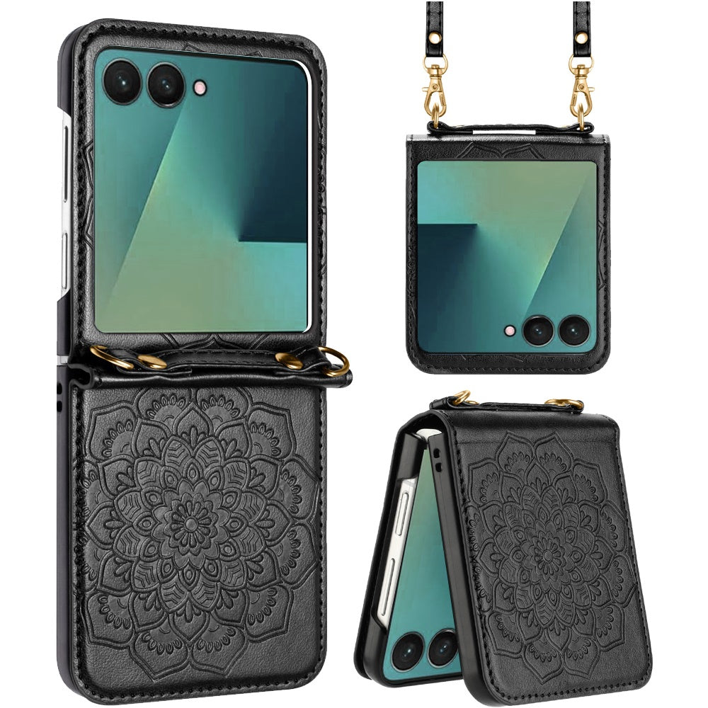 For Samsung Galaxy Z Flip 7 Embossed Floral PU Leather Henna Mandala Design Flip Cover with Strap, Hybrid Protective Case Cover